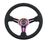 NRG Reinforced Steering Wheel (350mm / 3in. Deep) Blk Leather/Red Stitch w/Neochrome Slits thumbnail 4