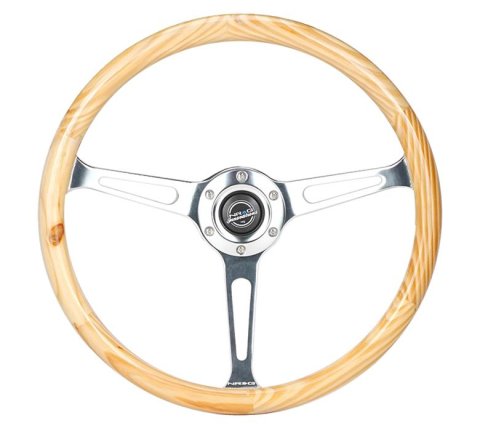 NRG Reinforced Steering Wheel (380mm) Light Wood Grain w/3-Spoke Center Shinny Chrome thumbnail 1