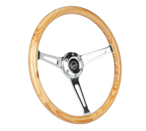NRG Reinforced Steering Wheel (380mm) Light Wood Grain w/3-Spoke Center Shinny Chrome thumbnail 3