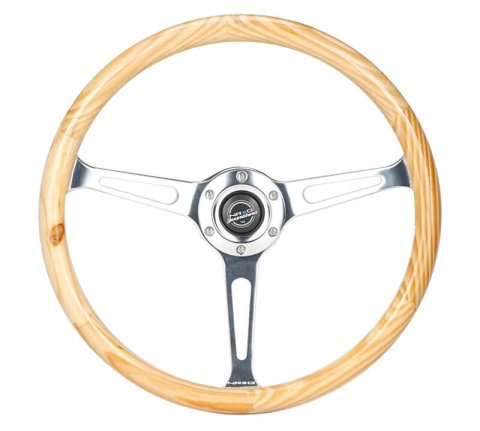 NRG Reinforced Steering Wheel (380mm) Light Wood Grain w/3-Spoke Center Shinny Chrome thumbnail 4