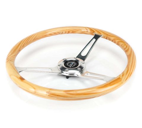 NRG Reinforced Steering Wheel (380mm) Light Wood Grain w/3-Spoke Center Shinny Chrome thumbnail 5