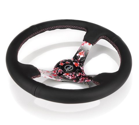 NRG Reinforced Steering Wheel (350mm/3in.) Hydro Dipped Sakura Floral w/ Pink Suede Black Stitch thumbnail 2