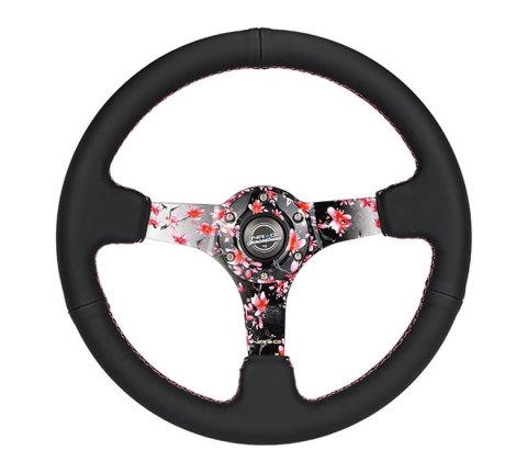 NRG Reinforced Steering Wheel (350mm/3in.) Hydro Dipped Sakura Floral w/ Pink Suede Black Stitch thumbnail 3
