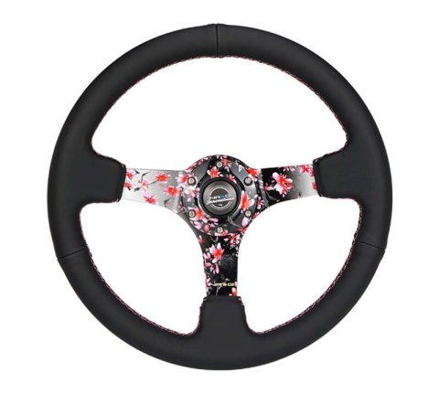 NRG Reinforced Steering Wheel (350mm/3in.) Hydro Dipped Sakura Floral w/ Pink Suede Black Stitch thumbnail 6