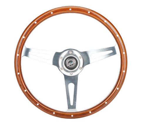 NRG Reinforced Steering Wheel (360mm) Dark Wood Grain w/Chrome 3-Spoke Center thumbnail 4