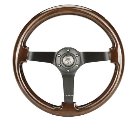 NRG Reinforced Steering Wheel (350mm) Dark Wood Grain - 3in Deep - Black 3-Spoke Center thumbnail 5