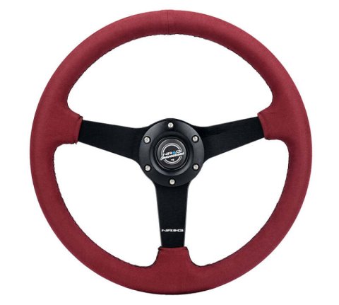 NRG Sport Wheel (350mm) 3 Solid Spokes - 1.5in Deep - Burgundy - Micro Suede - Black Stitching thumbnail 1