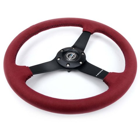 NRG Sport Wheel (350mm) 3 Solid Spokes - 1.5in Deep - Burgundy - Micro Suede - Black Stitching thumbnail 2