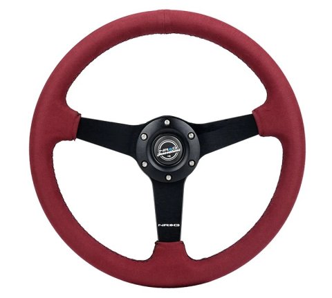 NRG Sport Wheel (350mm) 3 Solid Spokes - 1.5in Deep - Burgundy - Micro Suede - Black Stitching thumbnail 4
