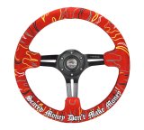 NRG Reinforced Steering Wheel (3in. Deep) Ryan Litteral Sig Blk Alcan, Red Stich, Flame Embroidery thumbnail 2