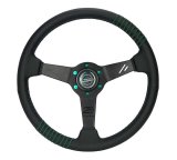 NRG Steering Wheel 1.5in Dish 350mm Black Perforated Leather - Emerald Stitching - Reinforced Spoke thumbnail 1