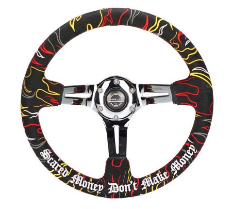 NRG Reinforced Steering Wheel R Litteral Sig 3in Deep/5mm Chrome Spoke - Blk Alcantara w/ Red Stitch