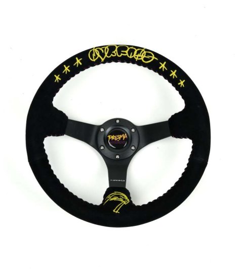 NRG Reinforced Black Perforated Leather Steering Wheel 350mm / 3in Deep w/ NVR Embroidery