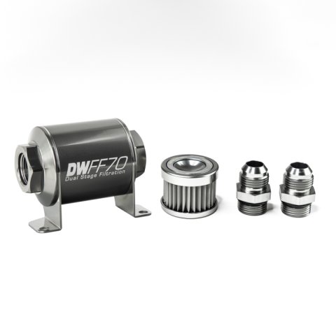 DeatschWerks Stainless Steel 10AN 5 Micron Universal Inline Fuel Filter Housing Kit (70mm) thumbnail 1