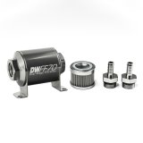 DeatschWerks Stainless Steel 3/8in 100 Micron Universal Inline Fuel Filter Housing Kit (70mm) thumbnail 1