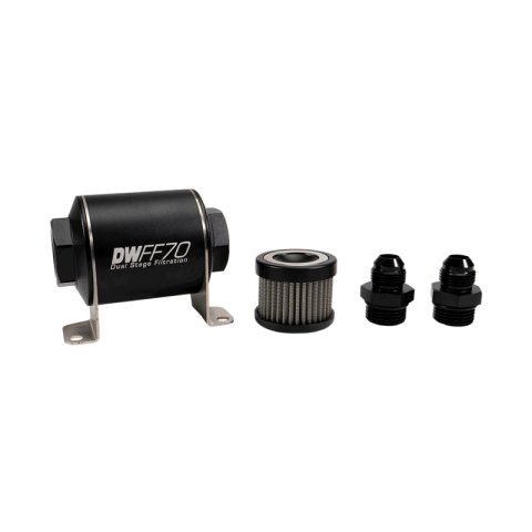 DeatschWerks Stainless Steel 8AN 100 Micron Universal Inline Fuel Filter Housing Kit (70mm) thumbnail 1