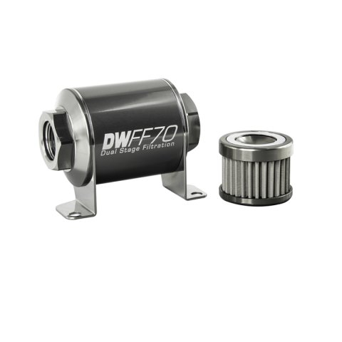 DeatschWerks Stainless Steel 8AN 100 Micron Universal Inline Fuel Filter Housing Kit (70mm) thumbnail 1
