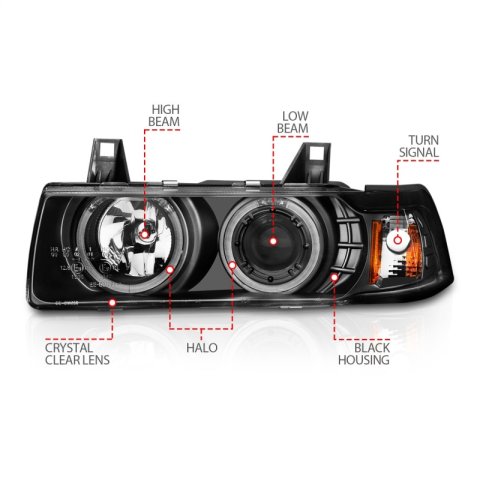 ANZO 1992-1998 BMW 3 Series E36 Projector Headlights w/ Halo Black G2 1 pc thumbnail 9