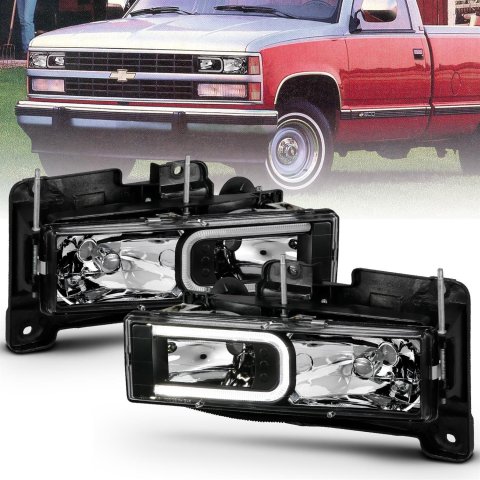 ANZO 1999-2000 Cadillac Escalade Crystal Headlights Light Bar Black Housing (Pair) thumbnail 1