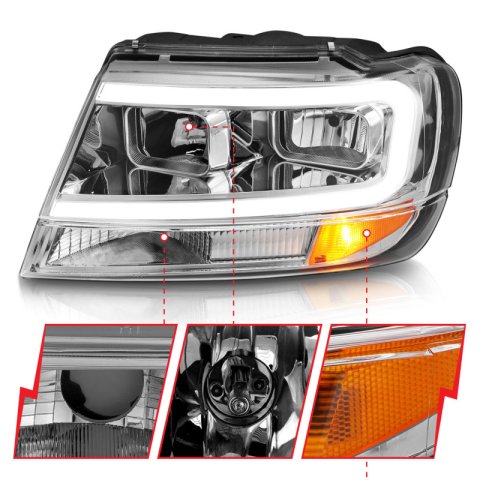 ANZO 1999-2004 Jeep Grand Cherokee Crystal Headlights w/ Light Bar Chrome Housing thumbnail 3