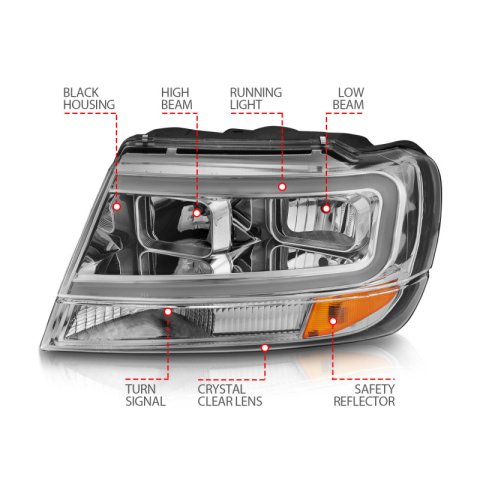 ANZO 1999-2004 Jeep Grand Cherokee Crystal Headlights w/ Light Bar Chrome Housing thumbnail 8