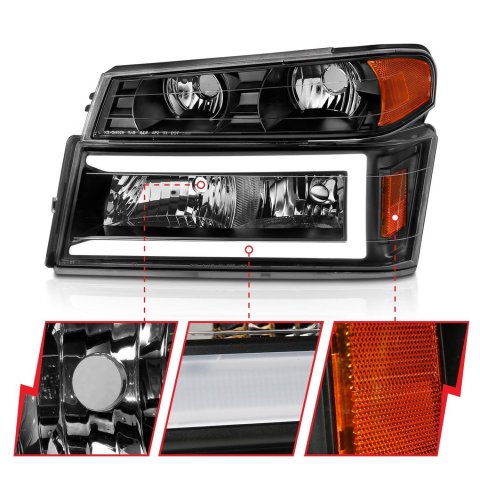 ANZO 04-12 GM Colorado/Canyon/I-Series Crystal Headlights - w/ Light Bar Black Housing 4pcs thumbnail 1