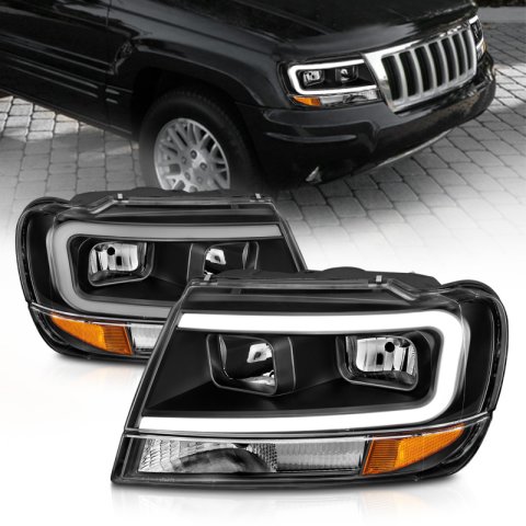 ANZO 99-04 Jeep Grand Cherokee Crystal Headlights - w/ Light Bar Black Housing thumbnail 1