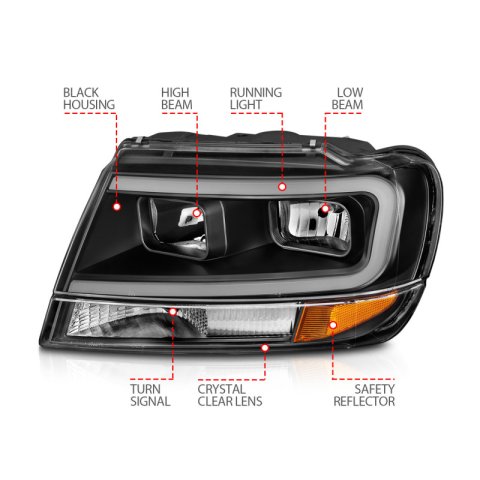 ANZO 99-04 Jeep Grand Cherokee Crystal Headlights - w/ Light Bar Black Housing thumbnail 6