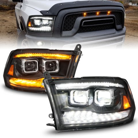 ANZO 09-18 Dodge Ram 1500/2500/3500 Full LED Proj Headlights w/Switchback Light Bar - Black thumbnail 1