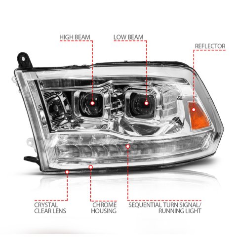 ANZO 09-19 Dodge RAM 1500 / 10-18 2500/3500 LED Proj Headlights SeqSig Chrome - Pair