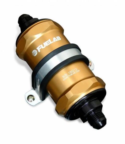 Fuelab 848 In-Line Fuel Filter Standard -6AN In/Out 40 Micron Stainless w/Check Valve - Gold