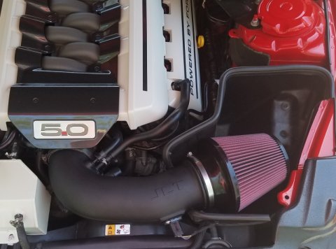JLT 15-17 Ford Mustang GT Black Textured Cold Air Intake Kit w/Red Filter - Tune Req thumbnail 2