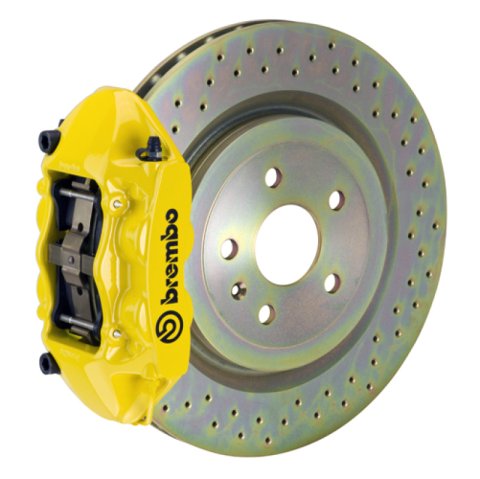 Brembo 10-15 Camaro V6 Rear GT BBK 4 Piston Cast 365x28 1pc Rotor Drilled- Yellow