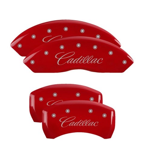 MGP 4 Caliper Covers Engraved Front & Rear Cursive/Cadillac Red Finish Silver Characters thumbnail 7