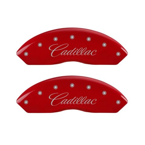 MGP 4 Caliper Covers Engraved Front & Rear Cursive/Cadillac Red finish silver ch thumbnail 2