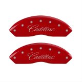 MGP 4 Caliper Covers Engraved Front Cursive/Cadillac Engraved Rear SRX Red finish silver ch thumbnail 1