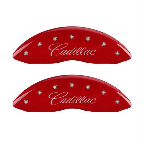 MGP 4 Caliper Covers Engraved Front Cursive/Cadillac Engraved Rear CTS Red finish silver ch thumbnail 1