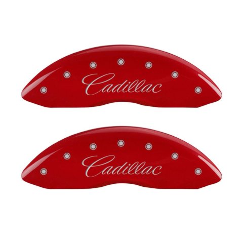 MGP 4 Caliper Covers Engraved Front Cursive/Cadillac Engraved Rear CTS Red finish silver ch thumbnail 4