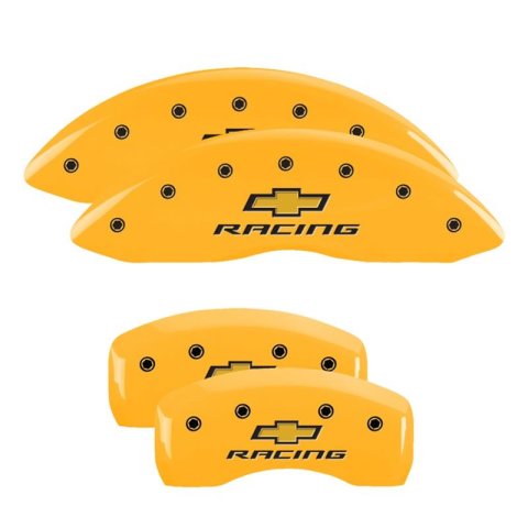 MGP 4 Caliper Covers Engraved Front & Rear Chevy racing Yellow finish black ch thumbnail 3