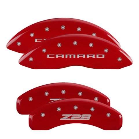 MGP 4 Caliper Covers Engraved Front Gen 5/Camaro Engraved Rear Gen 5/Z28 Red finish silver ch thumbnail 1