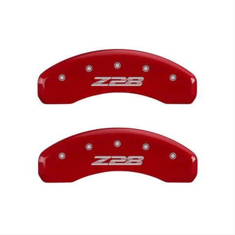 MGP 4 Caliper Covers Engraved Front Gen 5/Camaro Engraved Rear Gen 5/Z28 Red finish silver ch thumbnail 3
