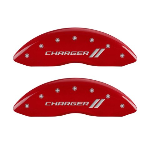 MGP 4 Caliper Covers Engraved Front & Rear With stripes/Charger Red finish silver ch thumbnail 3