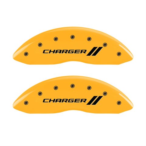 MGP 4 Caliper Covers Engraved Front & Rear With stripes/Charger Yellow finish black ch