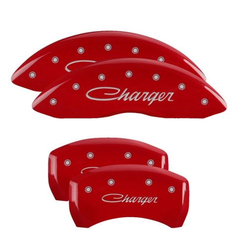 MGP 4 Caliper Covers Engraved Front & Rear Cursive/Charger Red finish silver ch thumbnail 1