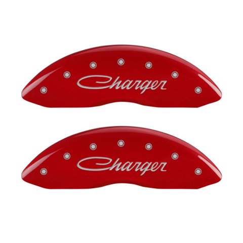 MGP 4 Caliper Covers Engraved Front & Rear Cursive/Charger Red finish silver ch thumbnail 4