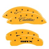 MGP 4 Caliper Covers Engraved Front Cursive/Cadillac Engraved Rear SRX Yellow finish black ch thumbnail 3