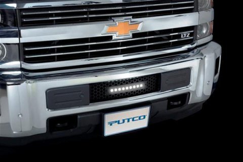 Putco 15-19 Chevy Silv HD SS Black Punch Design Bumper Grille Insert w/ Curved Flush 10in Light Bar