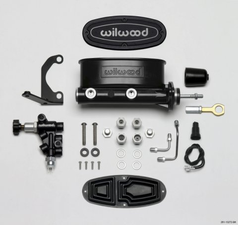 Wilwood HV Tandem M/C Kit w L/H Bracket & Prop Valve - 7/8in Bore Black-W/Push. - Early Mustang thumbnail 1