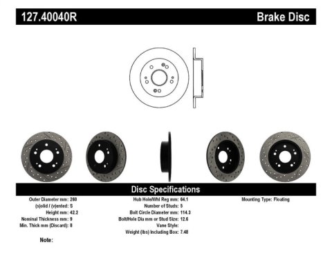 StopTech 06-09 Honda Civic Ex/Si Slotted & Drilled Right Rear Rotor thumbnail 3