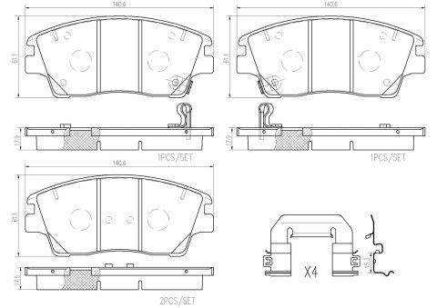 Brembo NAO Ceramic Brake Pads P30096N Pads, Brembo, Ceramic, Integrally Molded, Shims, For Hyundai, Set